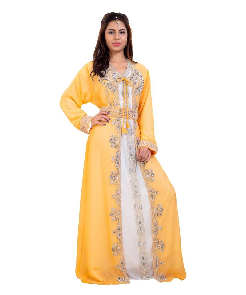 Yellow Georgette Embroidered Zari Work Islamic Kaftan