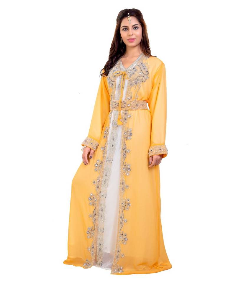 Yellow Georgette Embroidered Zari Work Islamic Kaftan