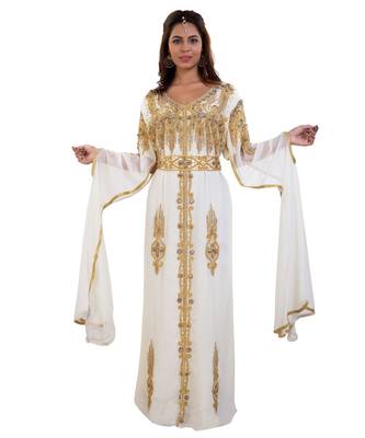 Cream  Georgette Embroidered Zari Work Islamic Kaftan 1