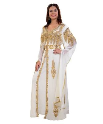 Cream  Georgette Embroidered Zari Work Islamic Kaftan 2