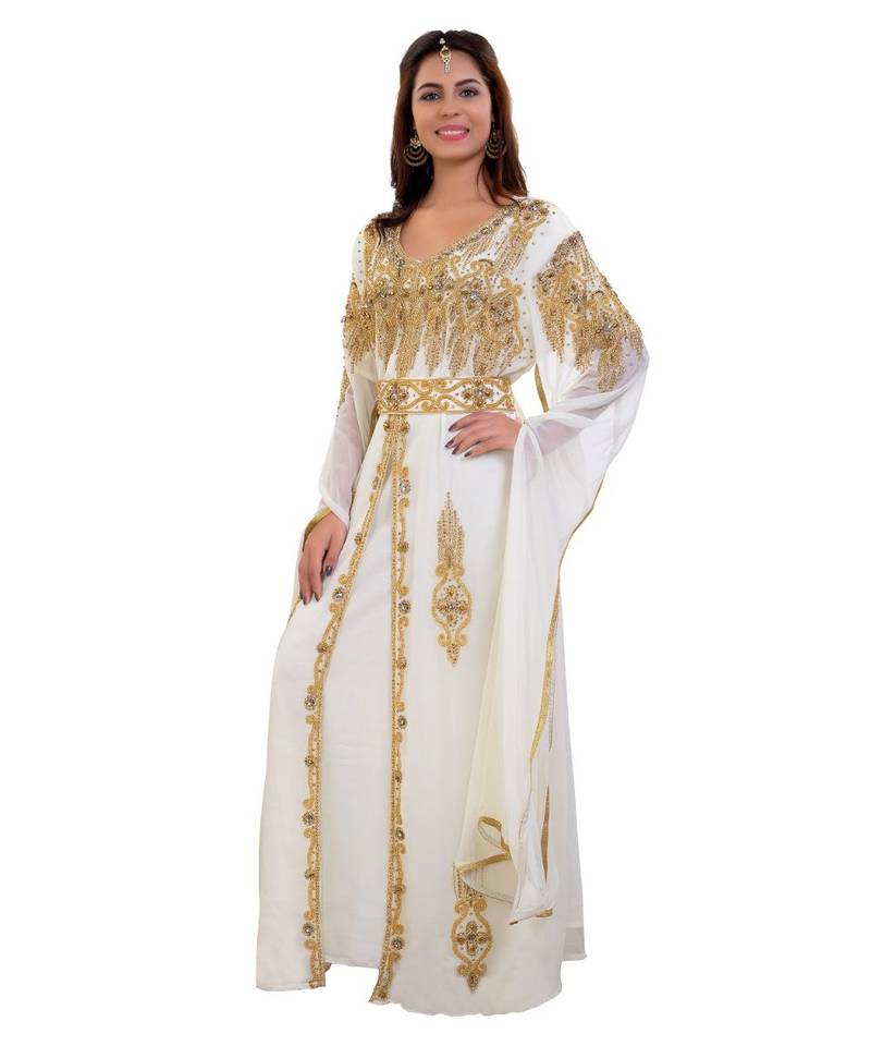 Cream  Georgette Embroidered Zari Work Islamic Kaftan