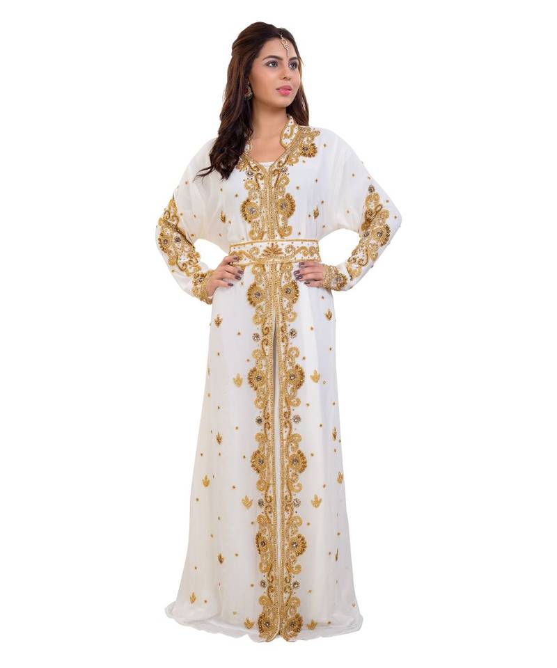 Cream  Georgette Embroidered Zari Work Islamic Kaftan
