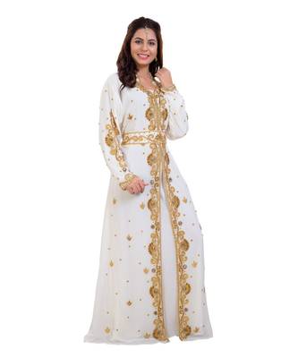 Cream  Georgette Embroidered Zari Work Islamic Kaftan 4