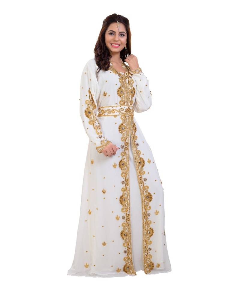 Cream  Georgette Embroidered Zari Work Islamic Kaftan
