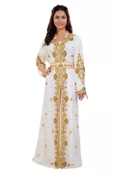 Cream  Georgette Embroidered Zari Work Islamic Kaftan