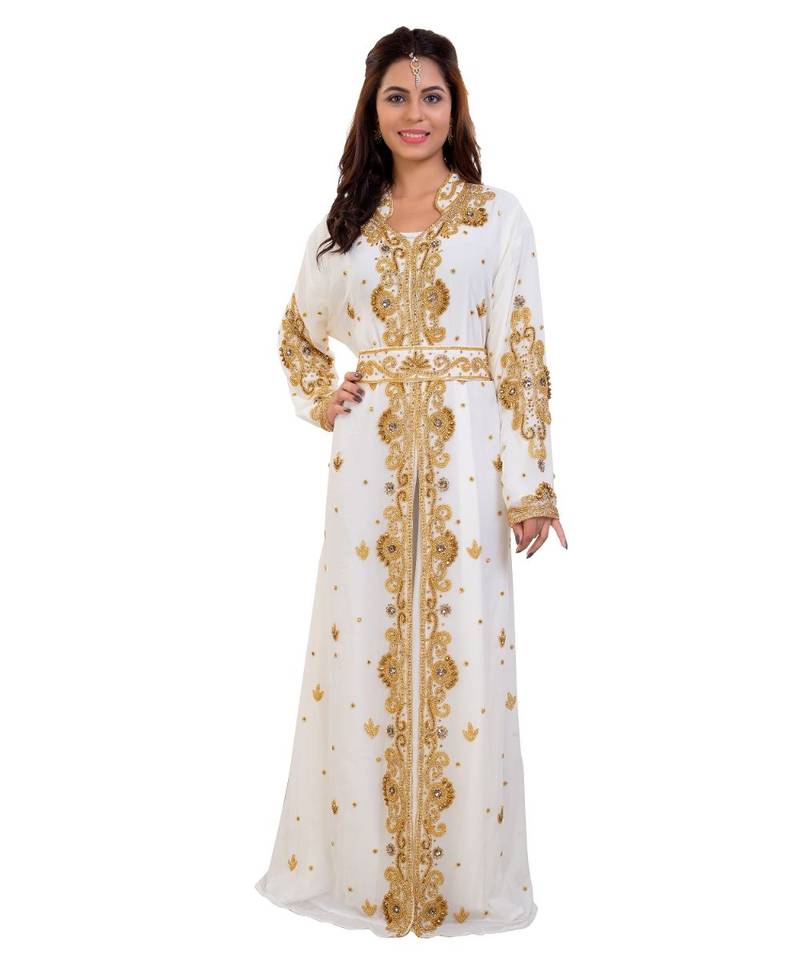 Cream  Georgette Embroidered Zari Work Islamic Kaftan