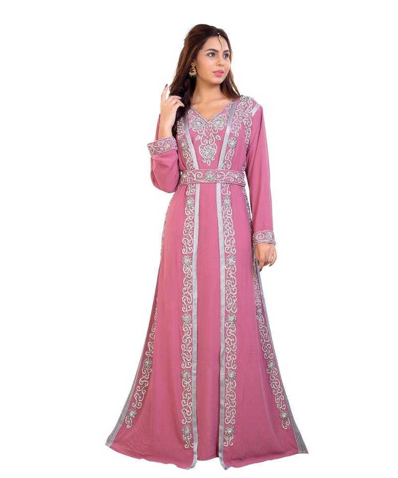 Pink Georgette Embroidered Zari Work Islamic Kaftan