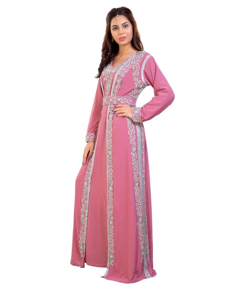 Pink Georgette Embroidered Zari Work Islamic Kaftan