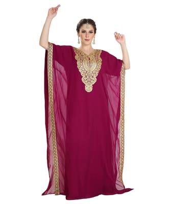 Wine Georgette Embroidered Zari Work Islamic Kaftan 1