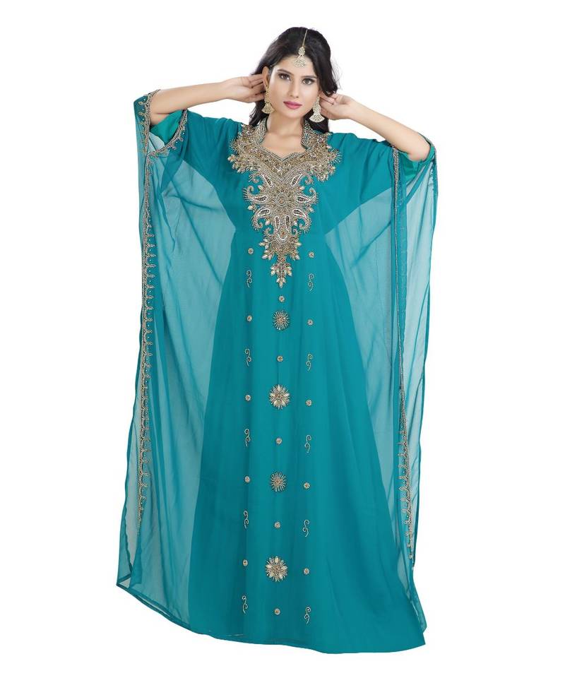 Turquoise Georgette Embroidered Zari Work Islamic Kaftan