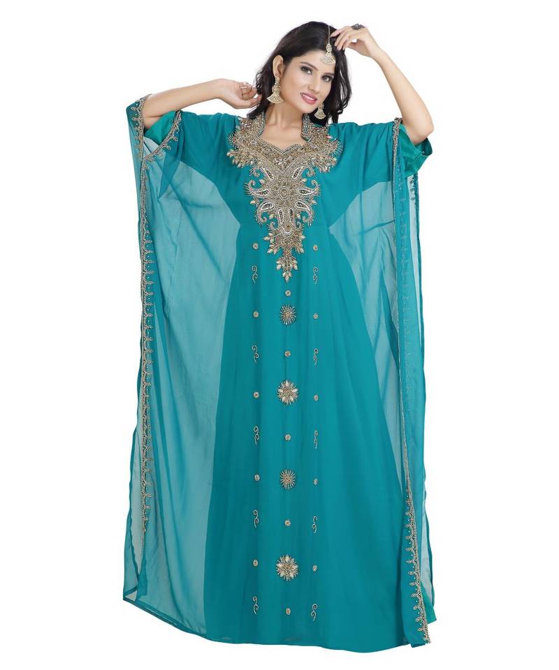 Turquoise Georgette Embroidered Zari Work Islamic Kaftan