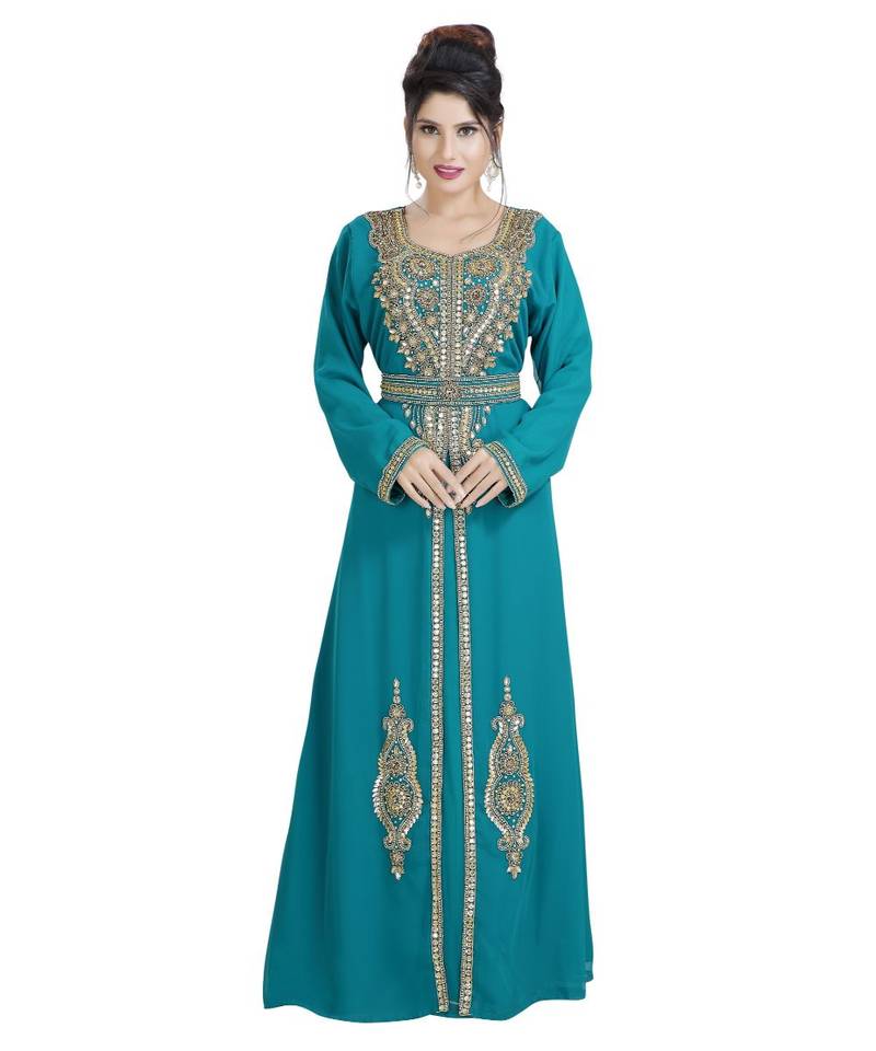 Turquoise Georgette Embroidered Zari Work Islamic Kaftan