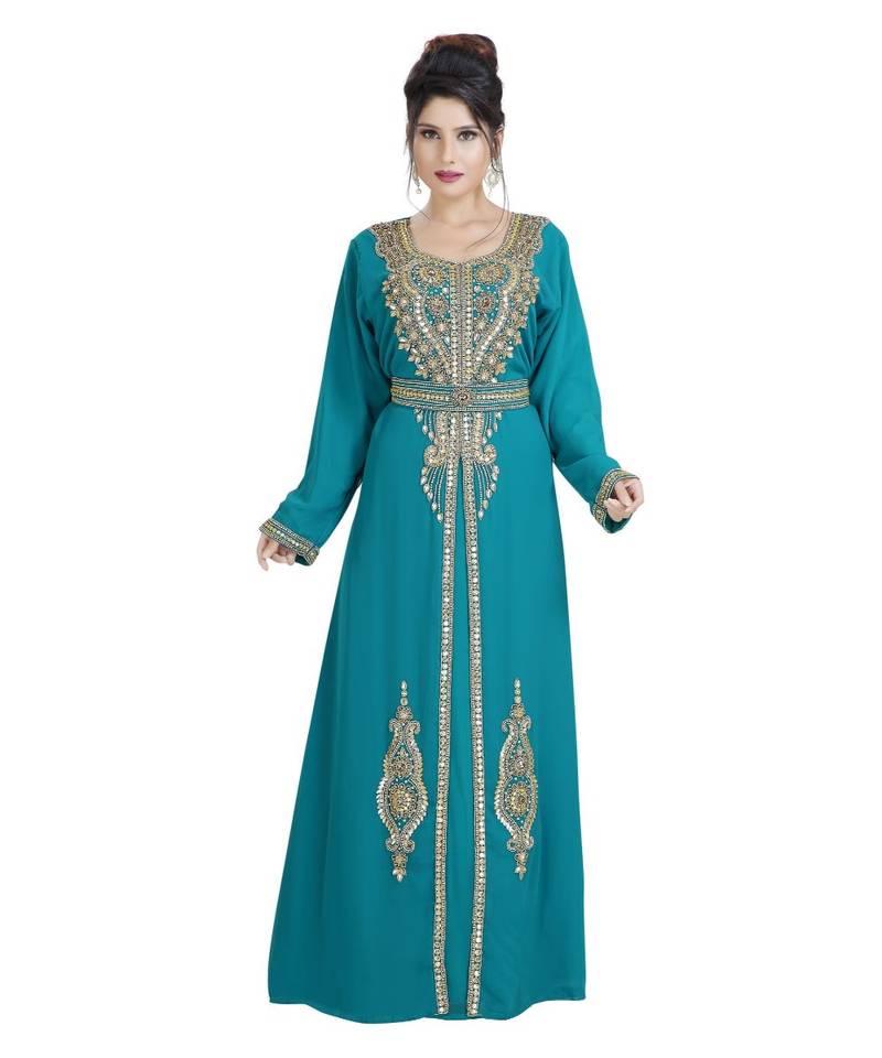 Turquoise Georgette Embroidered Zari Work Islamic Kaftan