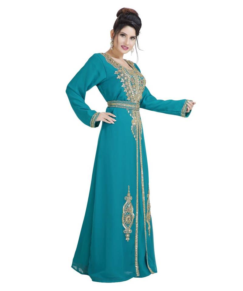 Turquoise Georgette Embroidered Zari Work Islamic Kaftan