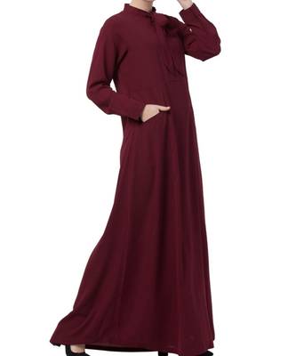 Maroon kashibo Abaya Dress With Ribbon And Front Pockets 1
