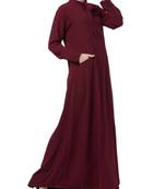 Maroon kashibo Abaya Dress With Ribbon And Front Pockets