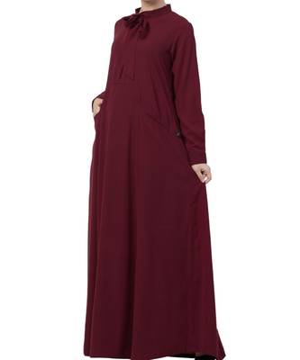 Maroon kashibo Abaya Dress With Ribbon And Front Pockets 2