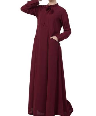 Maroon kashibo Abaya Dress With Ribbon And Front Pockets 3