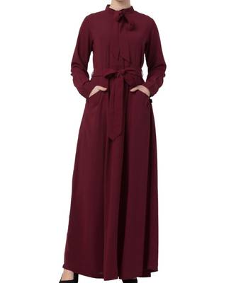 Maroon kashibo Abaya Dress With Ribbon And Front Pockets 6