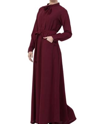 Maroon kashibo Abaya Dress With Ribbon And Front Pockets 7