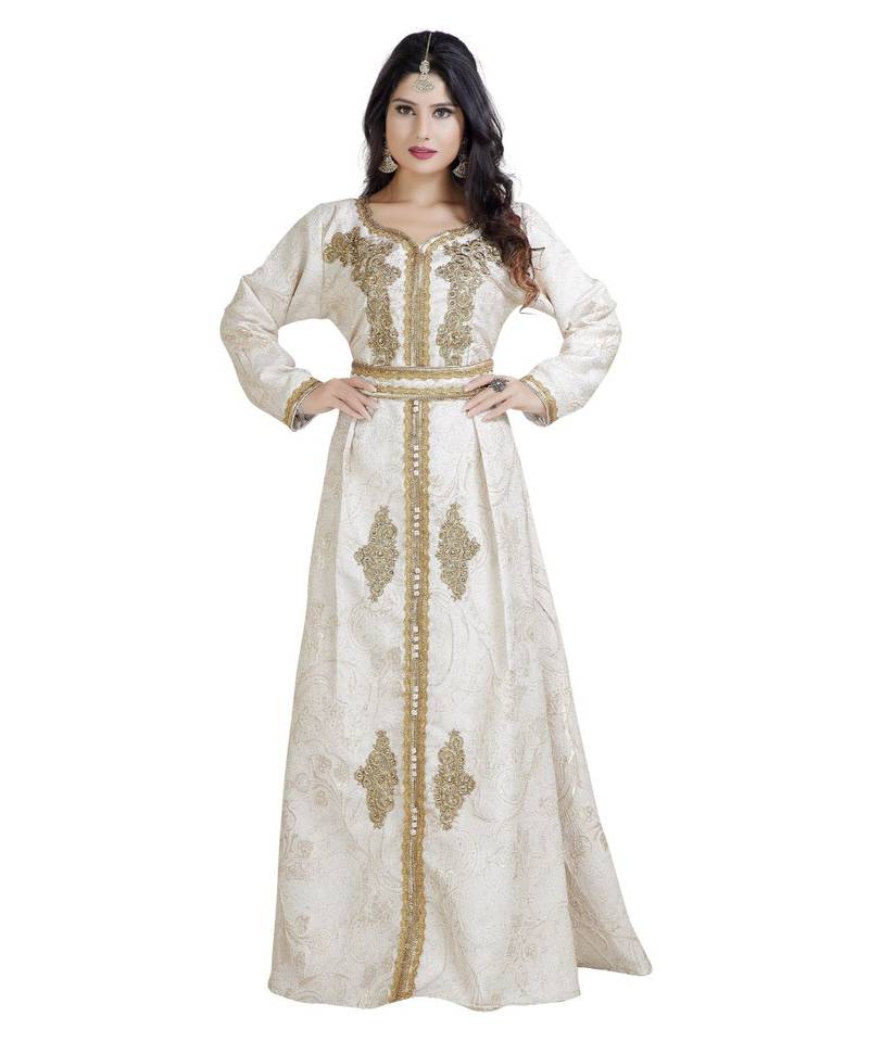 Cream  Georgette Embroidered Zari Work Islamic Kaftan