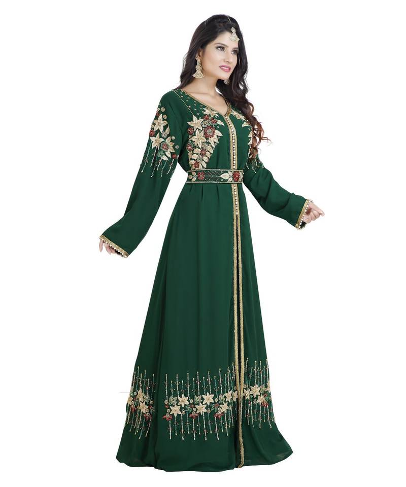 Green Georgette Embroidered Zari Work Islamic Kaftan