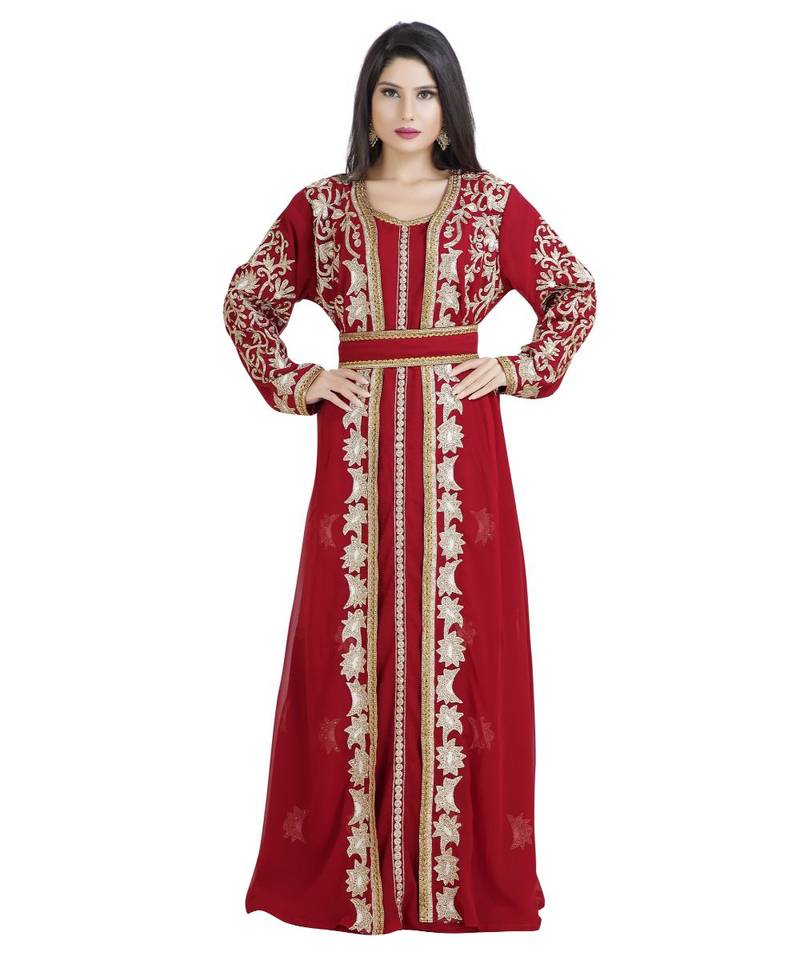 Maroon Georgette Embroidered Zari Work Islamic Kaftan