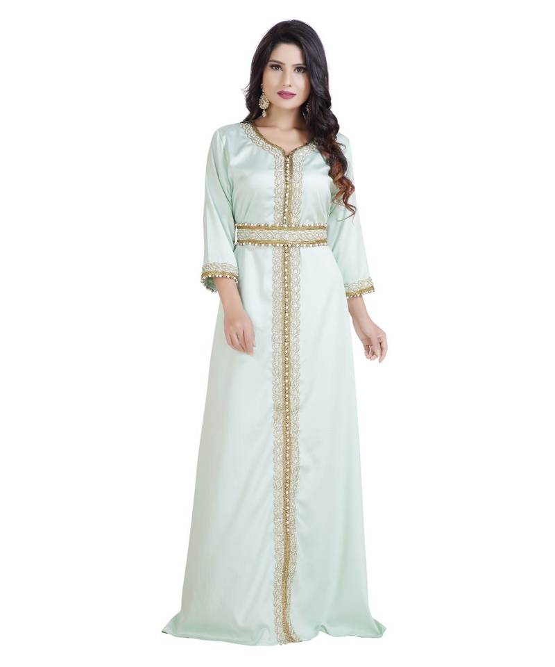 Green Satin Embroidered Zari Work Islamic Kaftan