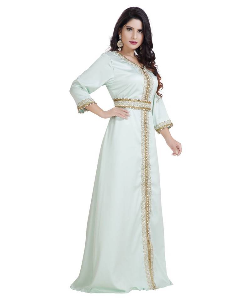 Green Satin Embroidered Zari Work Islamic Kaftan