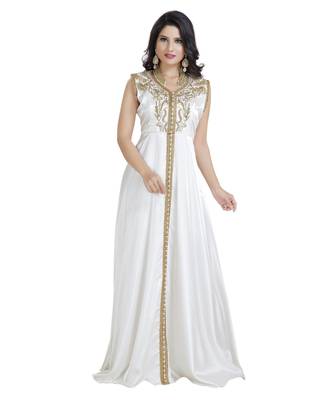 Cream  Satin Embroidered Zari Work Islamic Kaftan 1