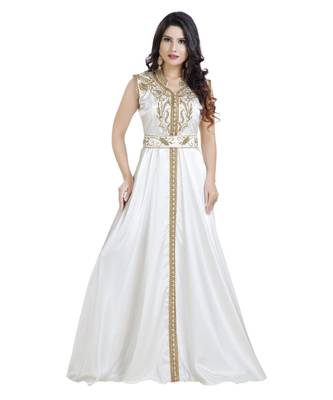 Cream  Satin Embroidered Zari Work Islamic Kaftan 3