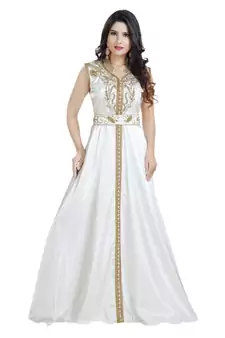 Cream  Satin Embroidered Zari Work Islamic Kaftan