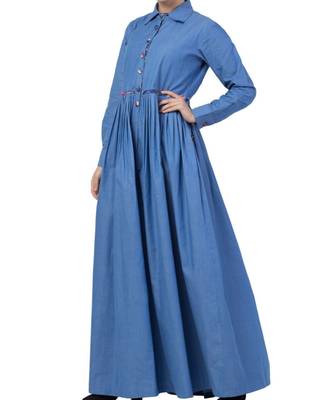 Blue Chambray Abaya Like Dress In Chambre Cotton 4