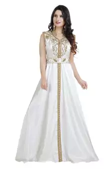 Cream  Satin Embroidered Zari Work Islamic Kaftan