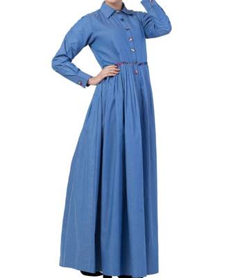 Blue Chambray Abaya Like Dress In Chambre Cotton 5