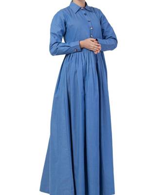 Blue Chambray Abaya Like Dress In Chambre Cotton 6