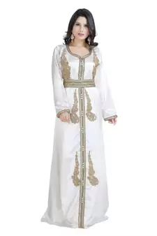 Cream  Satin Embroidered Zari Work Islamic Kaftan