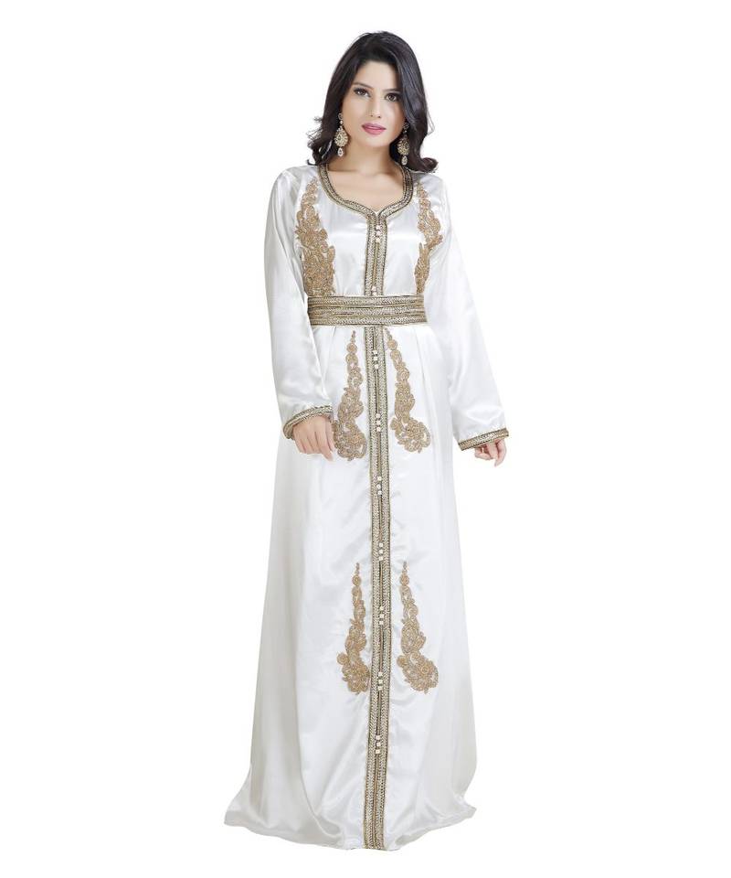 Cream  Satin Embroidered Zari Work Islamic Kaftan