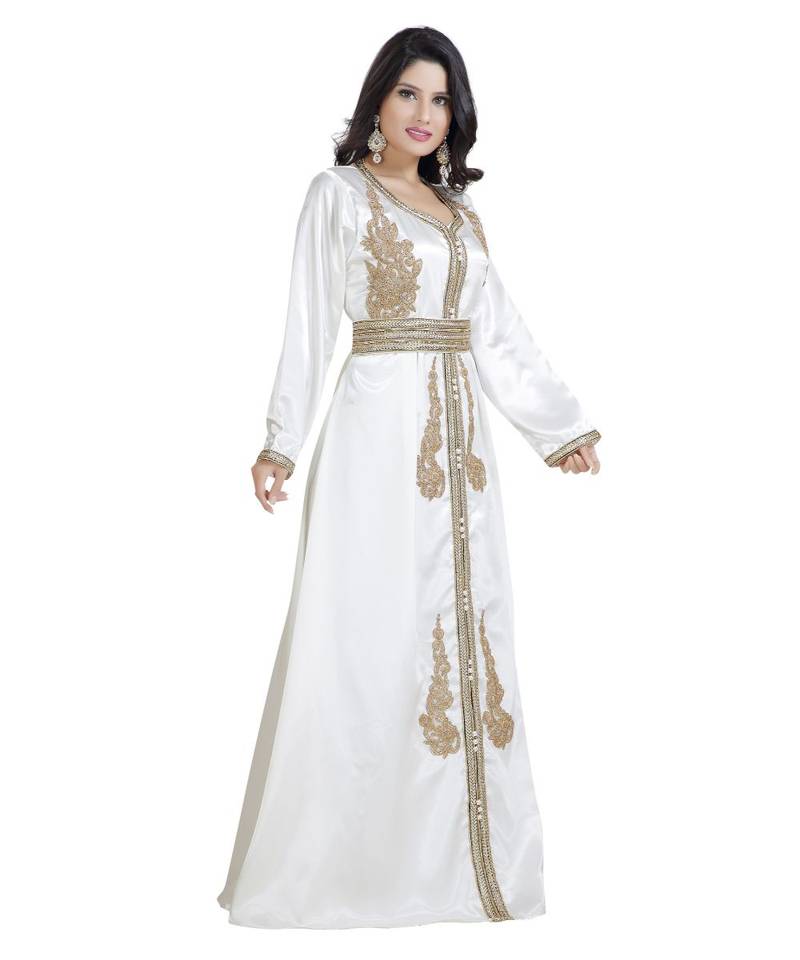 Cream  Satin Embroidered Zari Work Islamic Kaftan