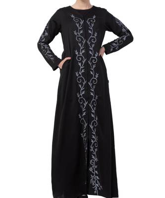 Black Nida Front Open Abaya With Embroidery 1