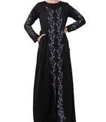 Black Nida Front Open Abaya With Embroidery