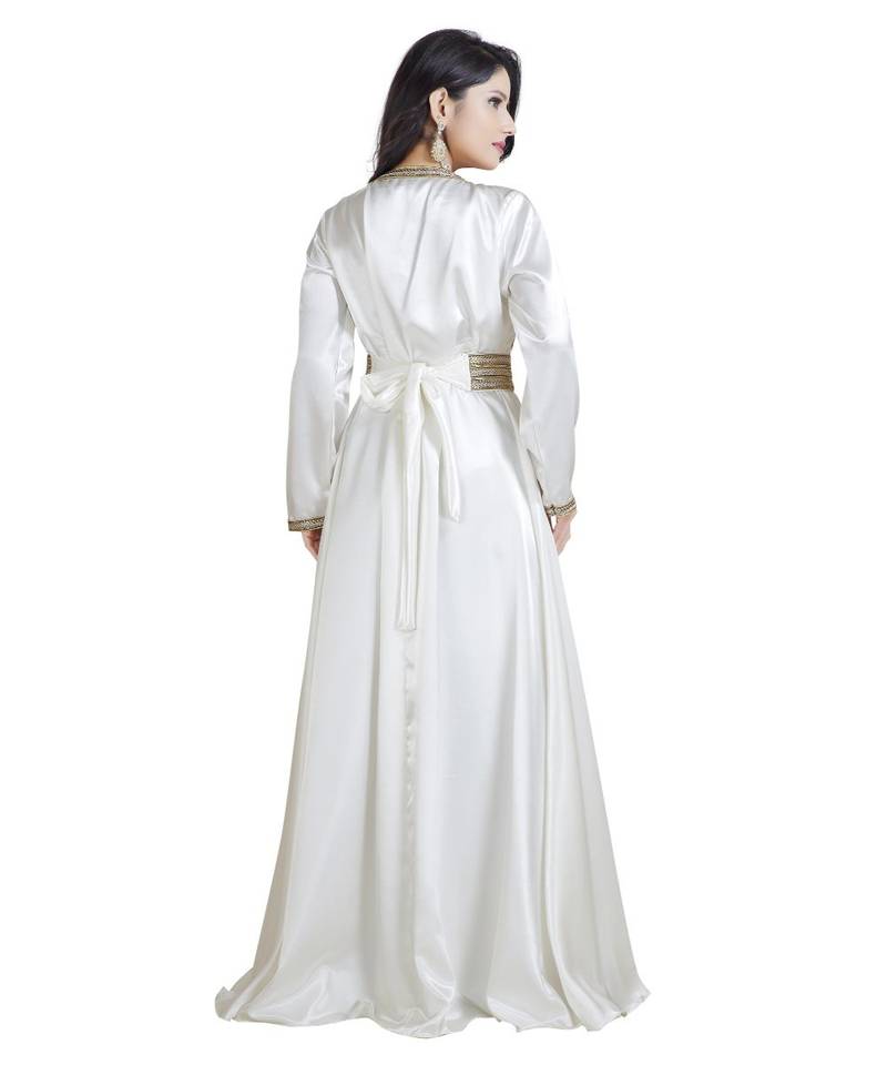 Cream  Satin Embroidered Zari Work Islamic Kaftan