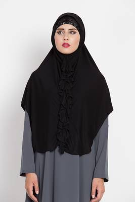 Black Jersey Hijab Khimar With Ruffles 2