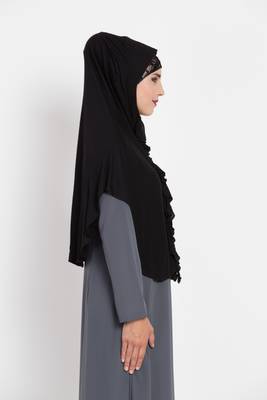 Black Jersey Hijab Khimar With Ruffles 3