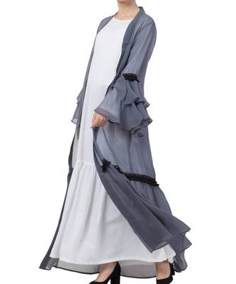 Grey kashibo Abaya Dress And Cardigan Combo 3