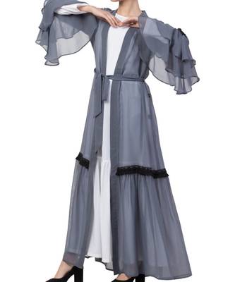 Grey kashibo Abaya Dress And Cardigan Combo 7