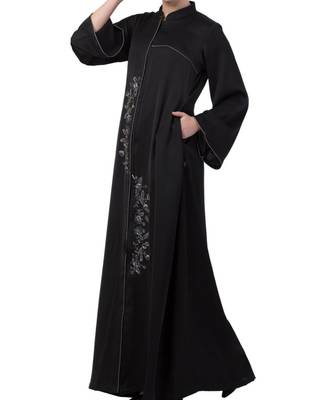 Black Nida  Front Open Abaya With Hand Work 4
