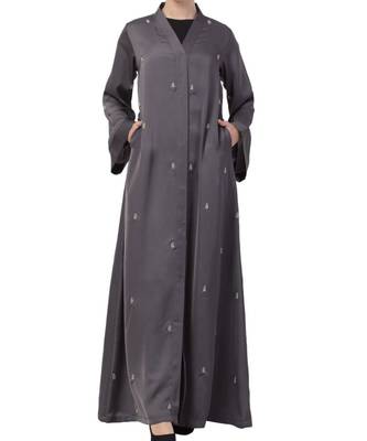 Grey Nida  Front Open Abaya With Hand Work 1