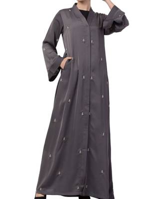 Grey Nida  Front Open Abaya With Hand Work 2