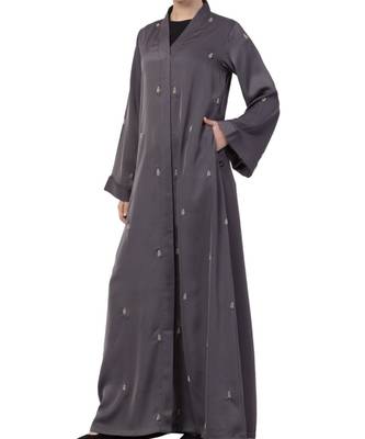 Grey Nida  Front Open Abaya With Hand Work 4